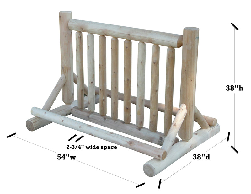 Log freestanding bike rack dimensions diagrams:  54 inches wide, 38 inches deep, 38 inches high, with 2.75 inches spaced for tire. 