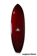 Longboard Acrylic Front facing wall rack with red surfboard. The display rack is pretty much clear. The rack is mounted to a white wall. The text "Longboard Mount" is in the lower right side of the image.