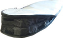 Single Day Use Bag shown from the rear while the bag is closed up and holding a surfboard with fins.