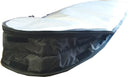 Single Day Use Bag shown from the rear while the bag is closed up and holding a surfboard with fins.