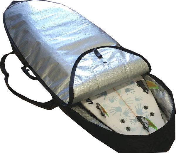 Single Day Use Bag overhead view showing how the bag opens to remove the surfboard.