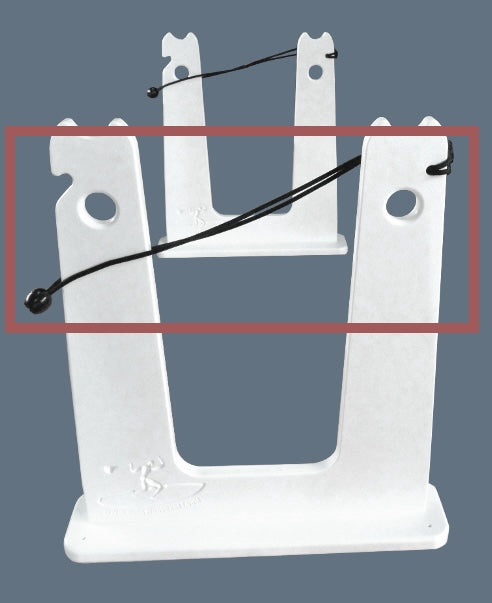 SUP dock rack shown with the black bungie chord highlighted in red.  The rack is in white with a blue background. 