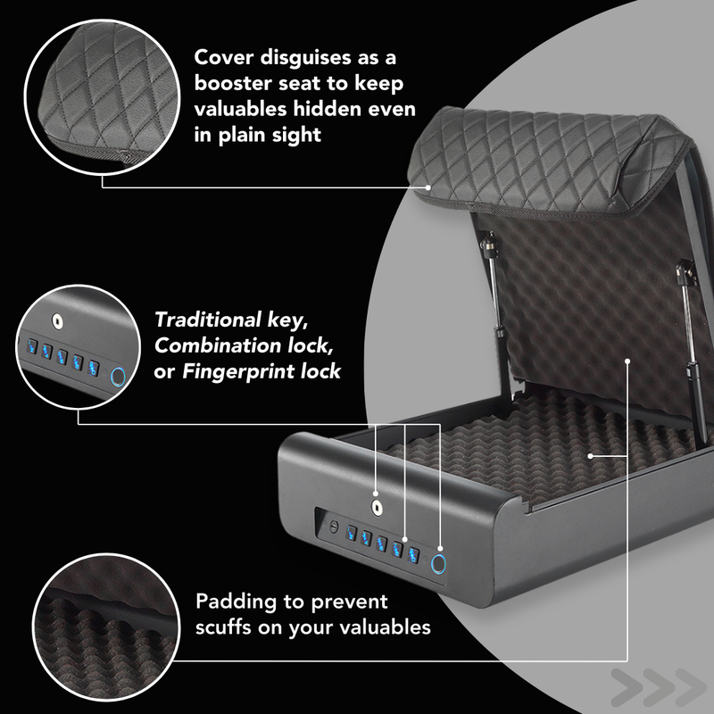Car seat cover disguised as a booster seat with lock mechanisms and padding features.