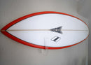 White surfboard with red rim and black logo on a white wall being held to wall with a clear acrylic wall mount