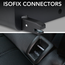 closeup of Boostedsafe connection points for the vehicle. ISOFIX connectors on a car seat with 'ISOFIX' branding.
