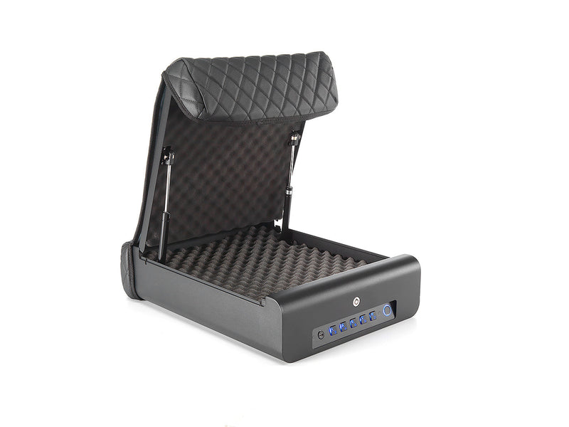 Front/side view of the boosted safe shown in the unlocked position and open ready for items to be stored. 