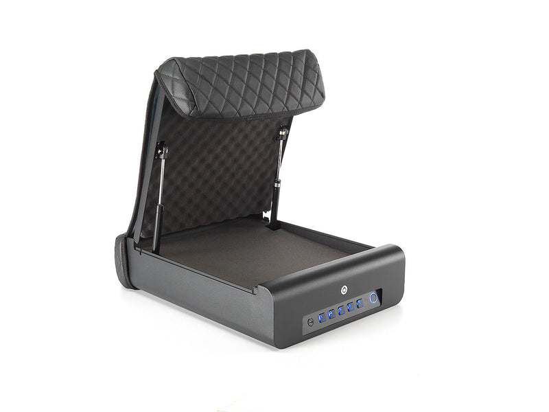 Front side view shown a flat foam pattern inside the open and unlocked portable vehicle safe. 