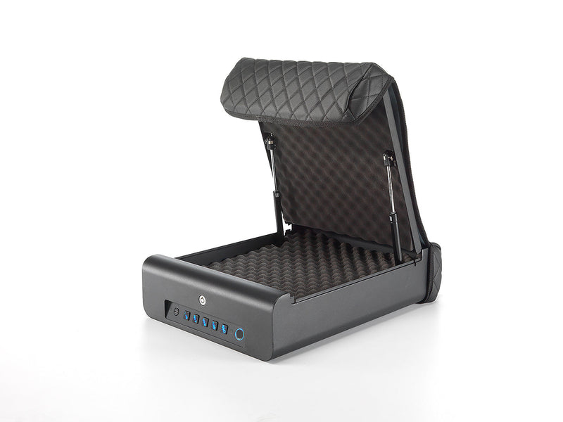 Right side view of the Boostedsafe vehicle safe meant for portable use, in the open position with the included cover installed. 
