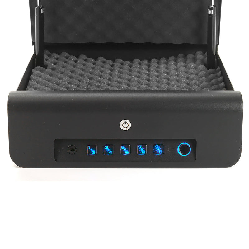Front view of the Boostedsafe vehicle safe shown in the open and unlocked position, giving a closeup of the keyed entry, the button combo, and fingerprint reader. 