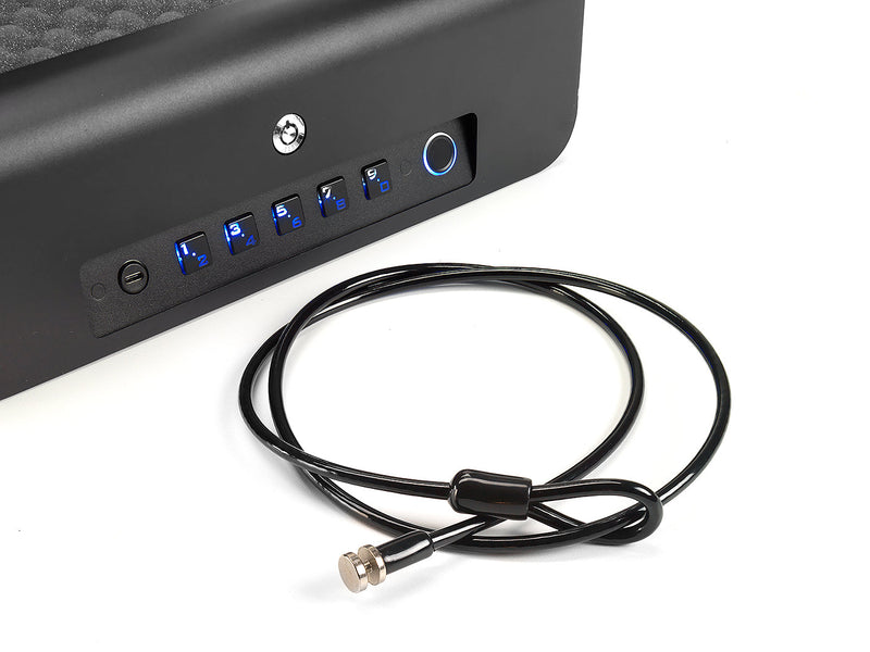 Closeup view of the included braided cable that comes with the Boostedsafe portable vehicle safe. 