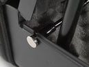 closeup view of the portable vehicle safe's attachment point for the included braided cable, and how it attaches to the safe. 