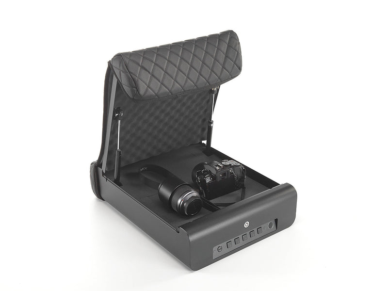 Boostedsafe shown storing photography and videography equipment, on a white background.