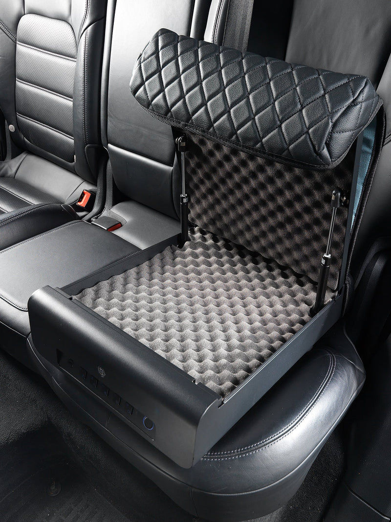 Open position of the boosteedsafe vehicle safe, shown locked to the back seat of a vehicle. 