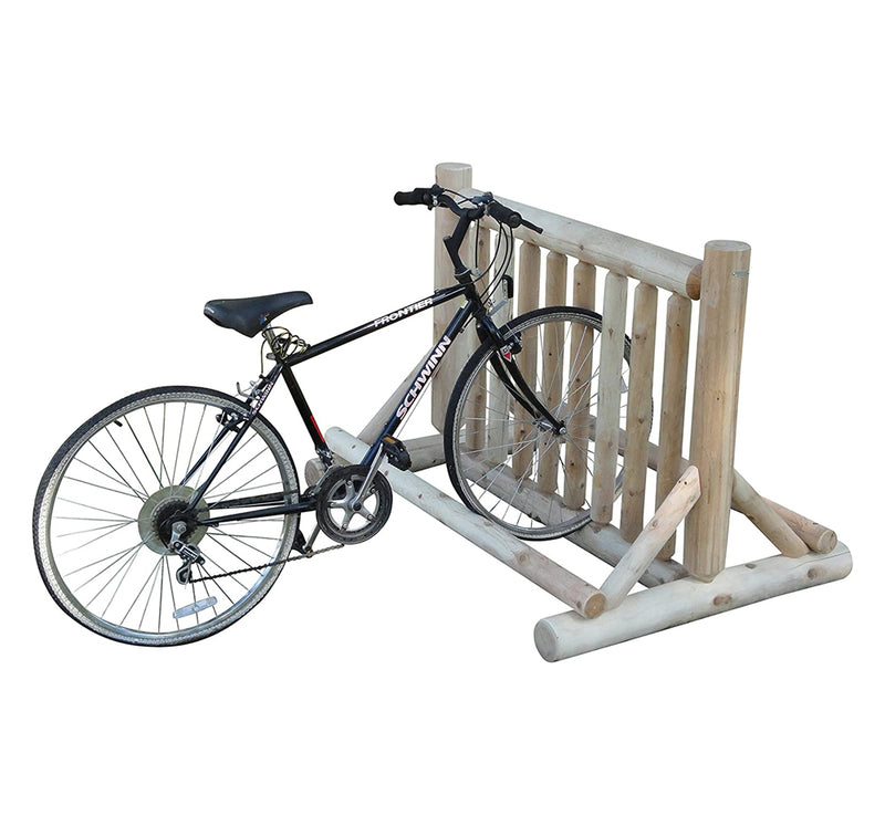 Log Freestanding bike racks shown holding a single mountain bike, on a white background