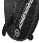 close up of the fin zipper area of the double longboard travel bag meant to allow glassed on fins to be traveled with. 