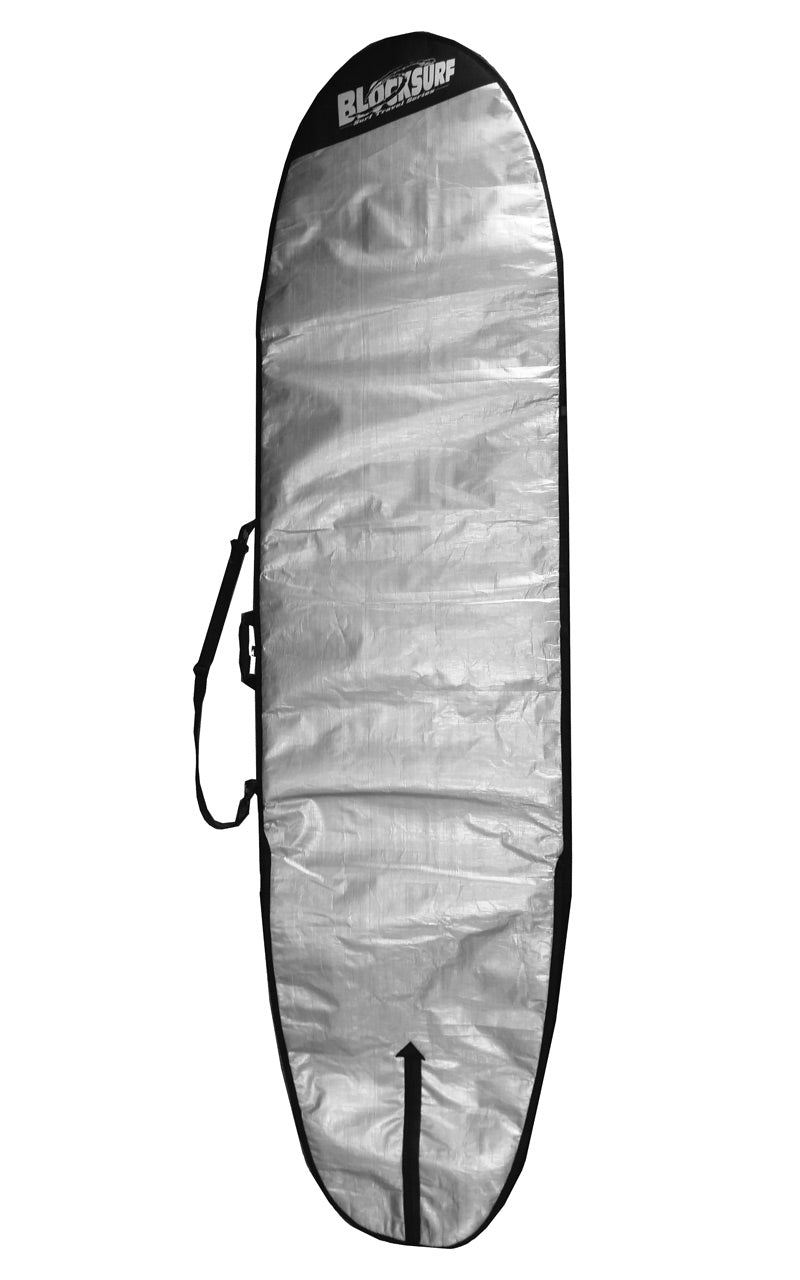 Longboard Day Bag (for single surfboard) overhead picture showing the silver reflective coating of the bag, that protects surfboards while transporting.