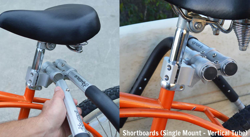Two images showing the mounts for a surf rack hooked up to a bicycle. One has a hand plugging the hooks into the rack. White text reads Shortboards (Single Mount - Vertical Tube)