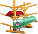 Natural Finish Version of log rack on white background showing a double sided 6 level Kayak and Canoe Rack  made of natural wood. The rack is holding a Canoe on one side, and a kayak mounted on the other. 