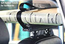 Upgraded Soft Rubber Covers for Surfboards  used in the seat rack inside a vehicle.  A surfboard is being held by the rack attached to the top of a car seat.
