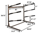Dimensions of the 3-level SUP & Surfboard rack:  39.75" inches high, 31.5" deep, 48.25" wide, 11" inches between dowels.  Dowel Length 27.75" inches. 