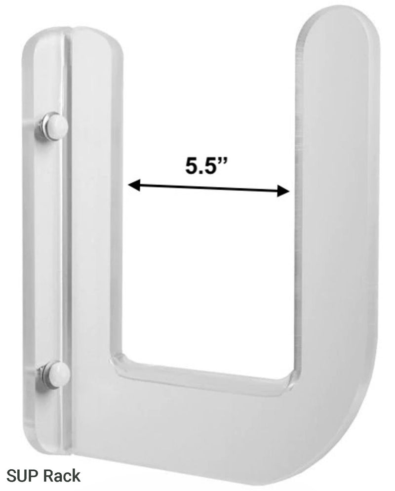 Acrylic SUP Stand Up Paddleboard wall rack showing the dimensions of 5.5" on the inside of the rack all on a white background.