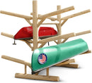 Sanded Version of log rack on white background showing a double sided 6 level Kayak and Canoe Rack  made of natural wood. The rack is holding a Canoe on one side, and a kayak mounted on the other. 