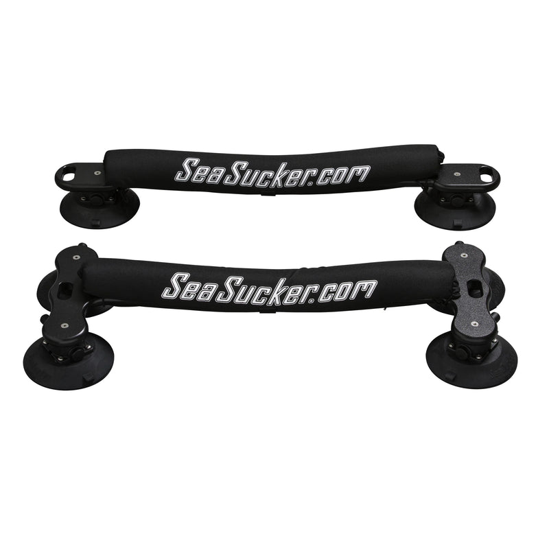 Universal suction mount kit shown on a white background. The roof is black, and has black suction cups.  The word Seasucker is written on white over the middle of the rack.