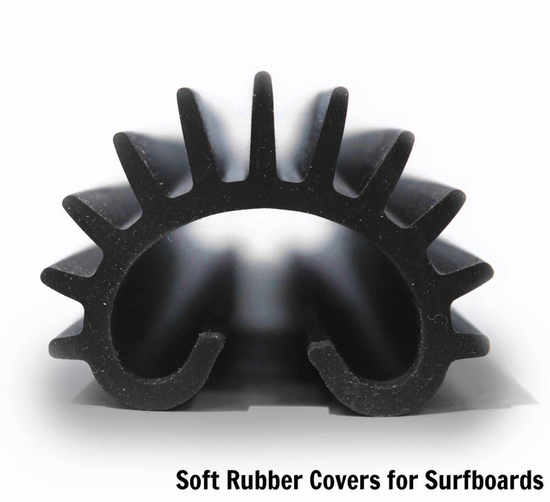Upgraded Soft rubber covers for surfboards shown from a side angle.  It shows the higher level of cushion for the surfboards during transport.