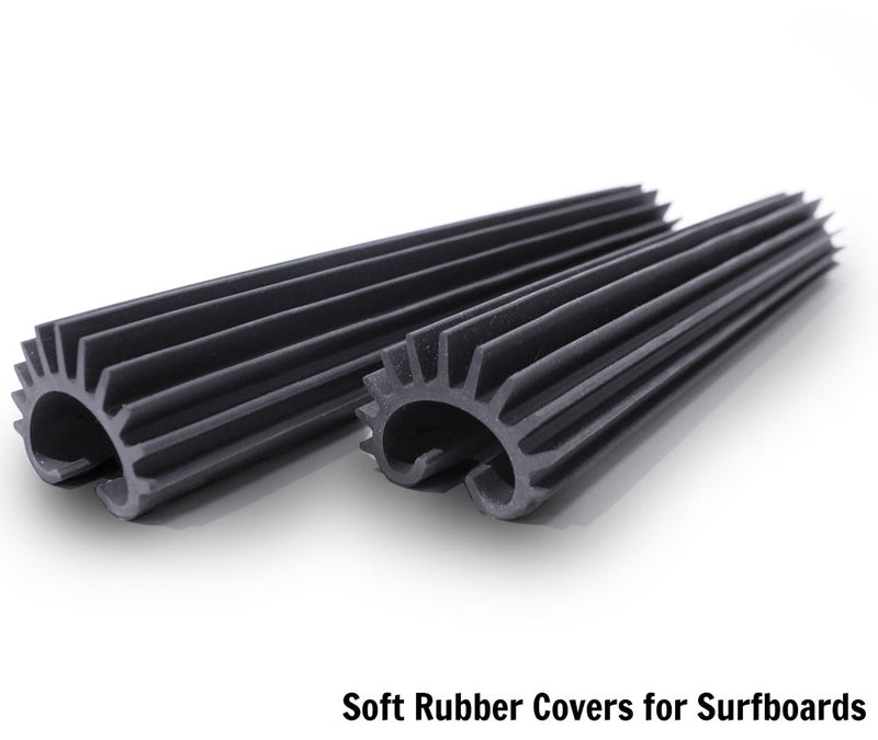 Soft Rubber covers for surfboards shown as a pair.  They are black and show they have higher levels of protection over the standard kit. 