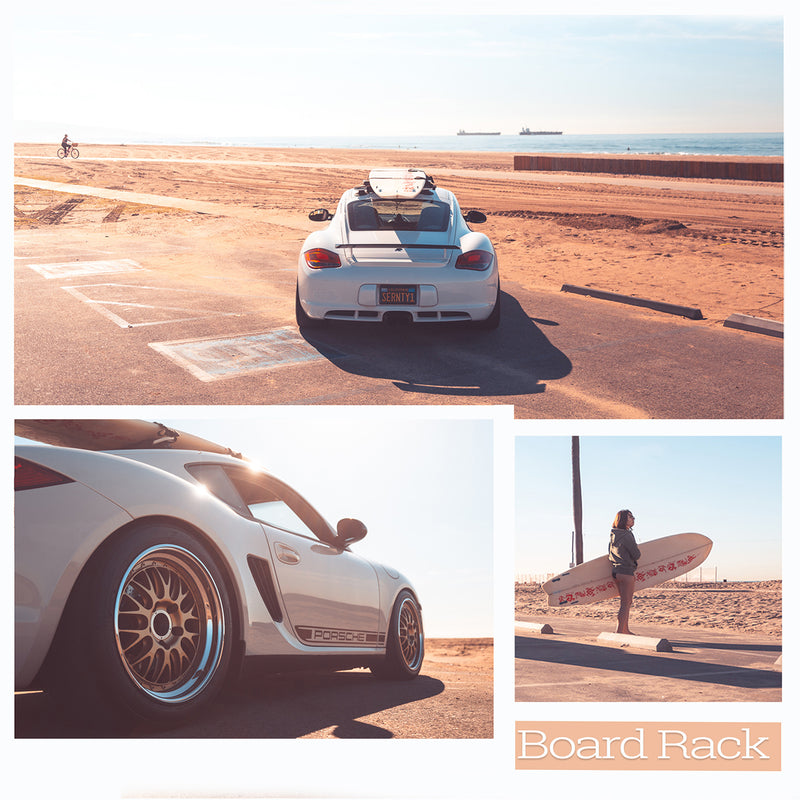 Several separate images of a white Porsche parked on the beach holding a surfboard that is mounted on the roof.  There is sand and the ocean in the background.  One of the photos shows a woman holding the same surfboard as if she is walking toward the beach. 