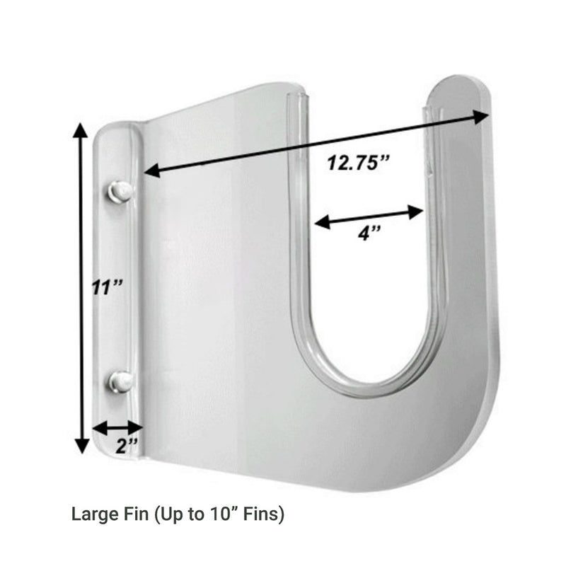 Dimensions of acrylic Large Fin style surfboard wall rack 11" high. Comes off wall 12.75". Gap for surfboard is 4". Width of rack is 1.5"