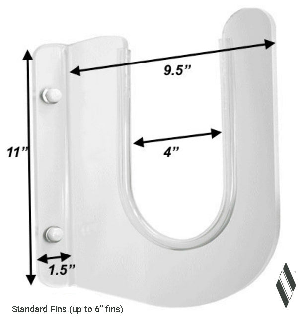 Dimensions of acrylic trophy style surfboard wall rack 11" high. Comes off wall 9.5". Gap for surfboard is 4". Width of rack is 1.5"