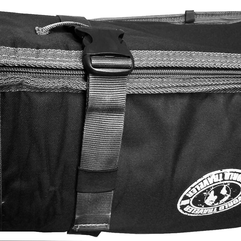 Close up of the travel bag's tie down feature. The buckle is wrapped around the outside of the surfboard bag to keep boards secure.