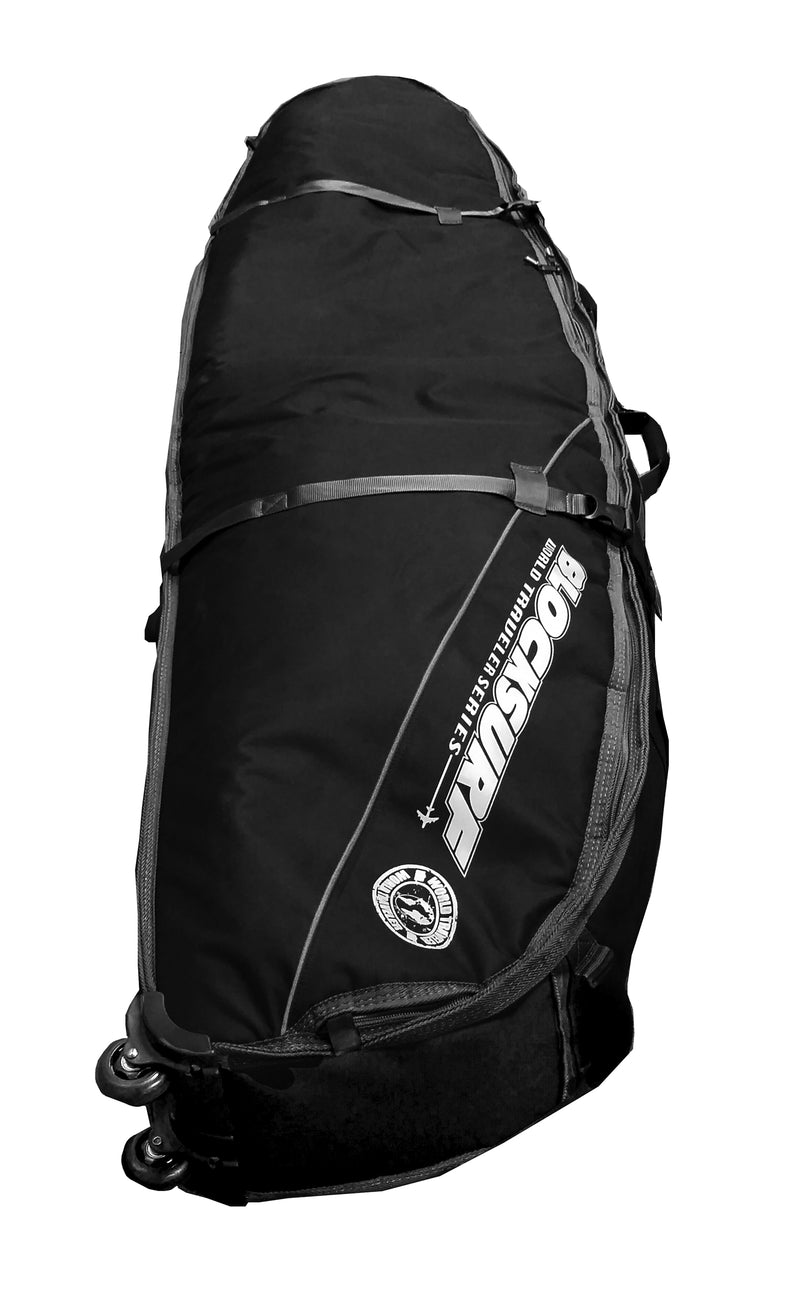Thick and heavy duty compact surfboard travel bag laying on facing up showing the side straps that keep the surfboards stable. The bag has roller wheels at the bottom for easy transport.
