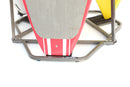 Close-up of a red and gray SUP board on the vertical freestanding Kayak & SUP rack.