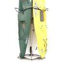 Kayak storage rack holding three kayaks on a white background.  Holding green and yellow kayaks. 