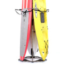 Vertical freestanding SUP & Kayak Rack shown holding multiple watercraft, a red SUP board, and a yellow kayak. 