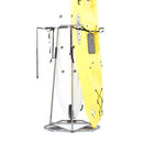 Kayak and paddleboard on a metal stand against a white background