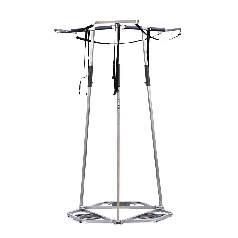 Vertical freestanding Kayak & SUP rack shown by itself.  Product is made of metal.  