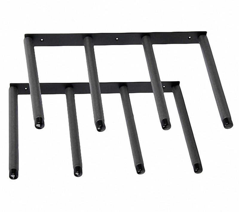 Overhead view of the Vertical Black Metal Surfboard Wall Rack. Has Foam padding around each rung with shiny black end caps. The rack shown can hold up to 8 surfboards.