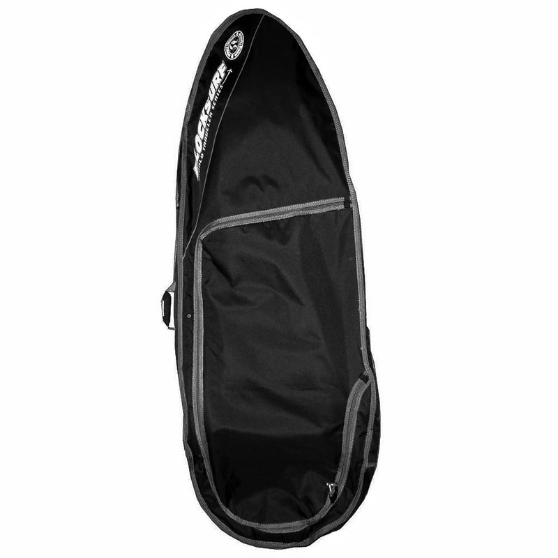 Thick and heavy duty wide surfboard travel bag laying on facing up showing the side straps that keep the surfboards stable.