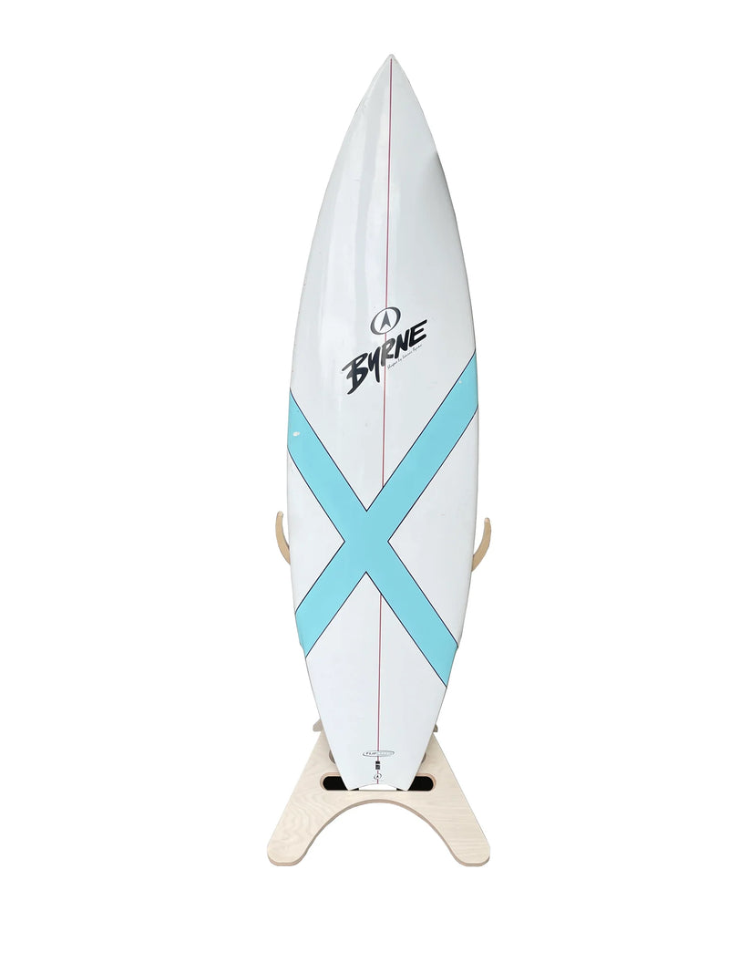 Single wood board rack shown holding a white and blue surfboard from a front angle on a white background.