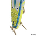 Wood single Board rack shown holding a blue and yellow Stand Up Paddle board, with a white background.
