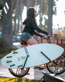 A girl sitting on her bicycle while the single-mount surfboard rack is attached to the bike while holding a white surfboard. The Epic Surf Racks Diamond is in the upper left hand corner. There are palm trees and a fence behind the girl.