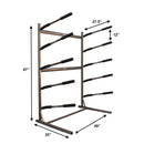 Dimensions of 5 level Surfboard & SUP rack.  Showing 67" inches high, 35" inches deep, 49" inches wide, dowels 27.5" long and 12" inches between each level.
