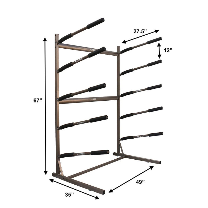 Dimensions of 5 level Surfboard & SUP rack.  Showing 67" inches high, 35" inches deep, 49" inches wide, dowels 27.5" long and 12" inches between each level.