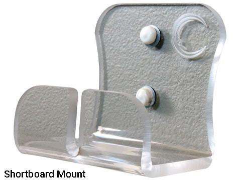Up cose picture of the acrylic vertical surfboard rack in the Shorboard mount option.  It says shortboard mount in the bottom left hand corner. 