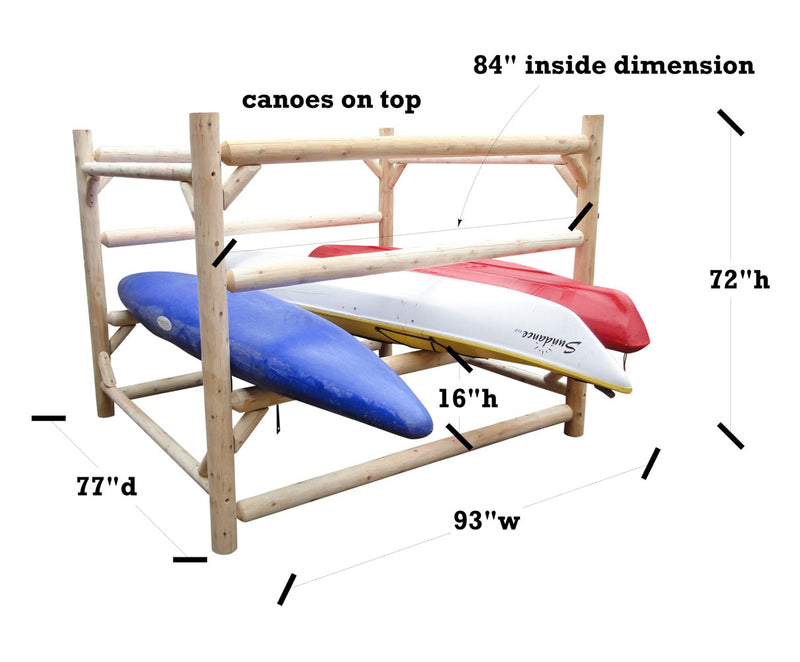 12 Watercraft Log Storage Rack showing 77 inches depth, 93 inches wide, 72 inches high, with an 84 inch inside dimensions, and 16 inches between levels.  Also diagram shows that canoes and other watercraft can be stored on top. All on a white background, and holding multiple canoes kayaks for demonstration purposes. 