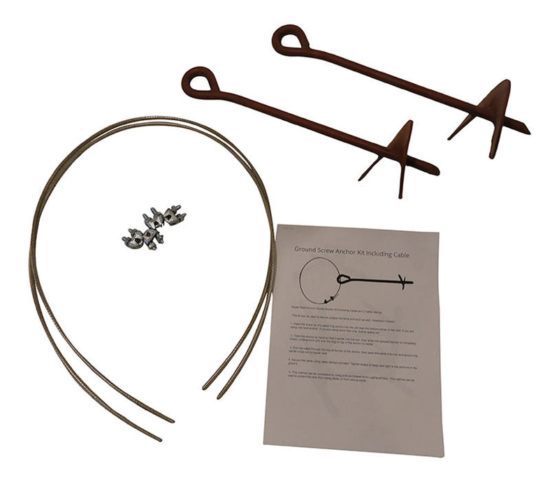 15" anchor kit shown in the complete setup with assembly manual, security cable, clamps, and anchors themselves. Shown on a white background.