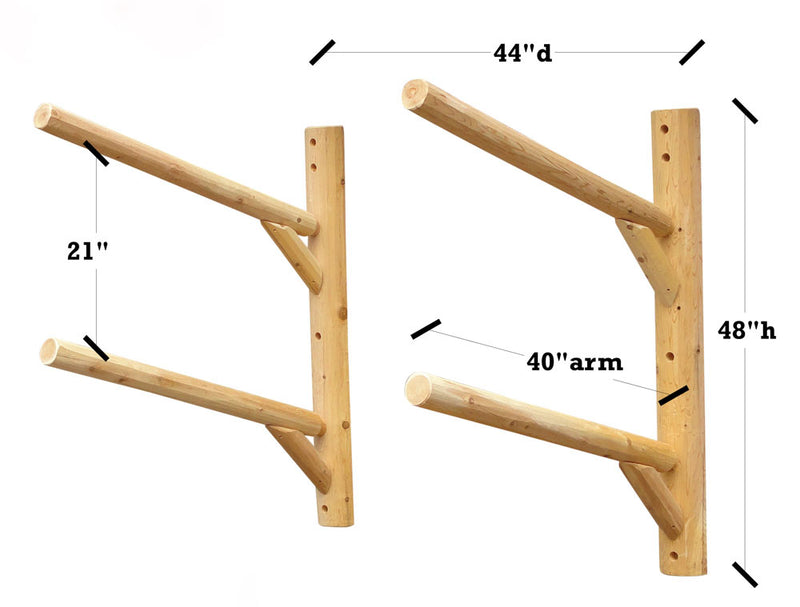 2 Kayak, Canoe, or SUP  Log Wall Rack Dimensions.  The dimensions read 40 inches for length of arms (dowels).  21 inches between arms.  48 inches in total height.  44 inches total coming off the wall.